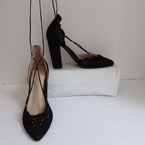 'Jenni' Black Suede CutOuts Block Heels Pointy Toes Long Ankle Wrap Laces Sz 8